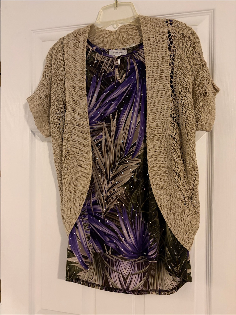 Dress Barn Open-Knit Short Sleeve Cardigan in Beige